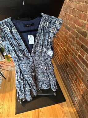 o.p.t. Blue Floral V-Neck Mini Dress with Ruffle Hem